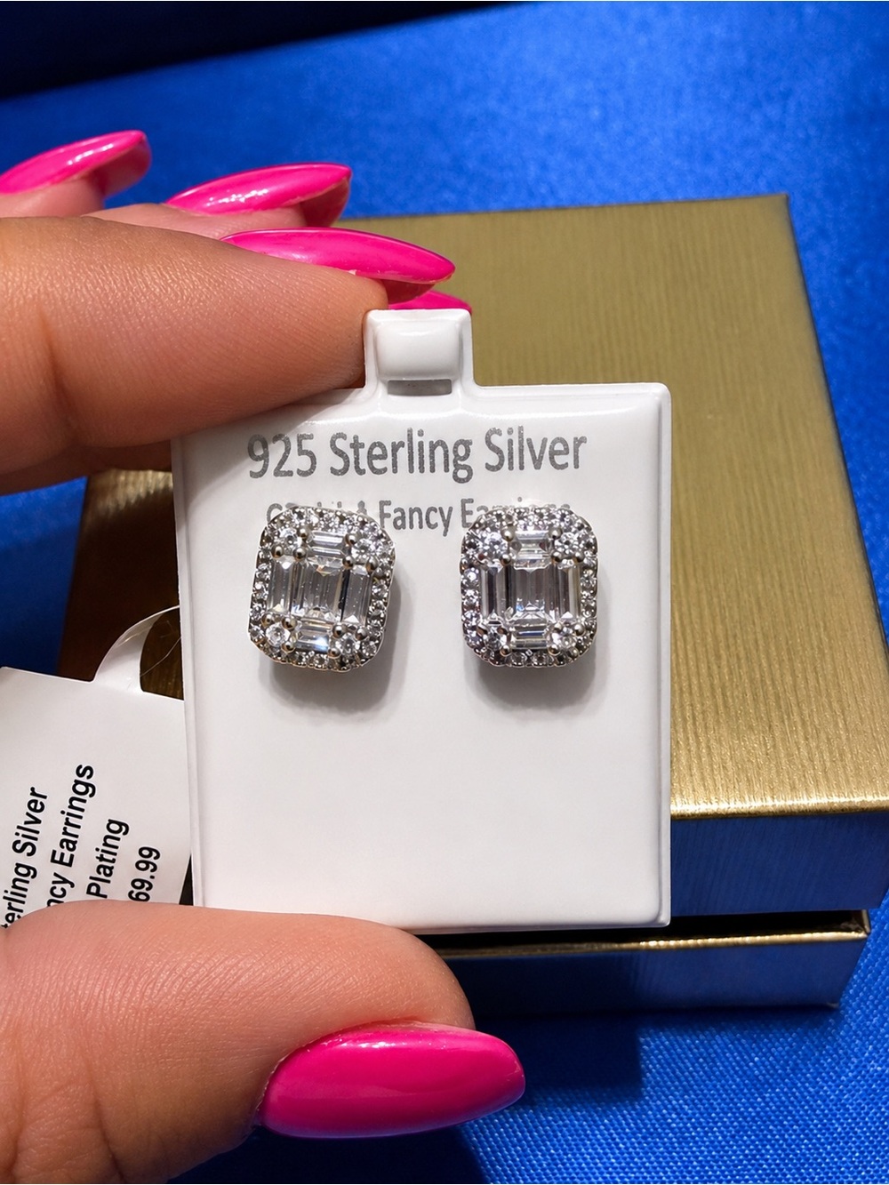 Sterling Silver Emerald-Cut and Baguette Halo Stud Earrings